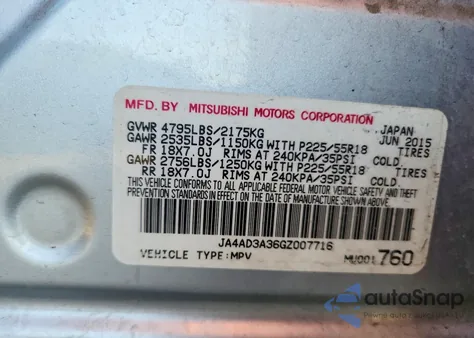 2016 Mitsubishi Outlander Se из США, поврежденный, VIN JA4AD3A36GZ007716